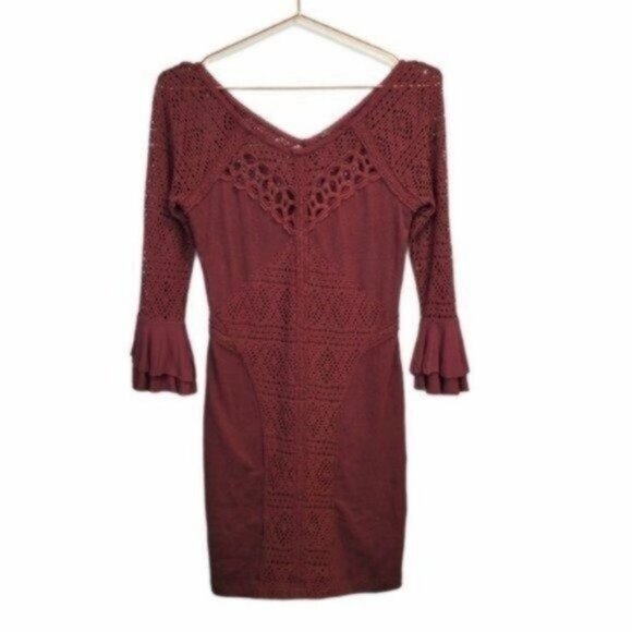 Free People City Girl Bodycon Crochet Lace Mini Dress Plumberry Burgundy Purple - Picture 3 of 12